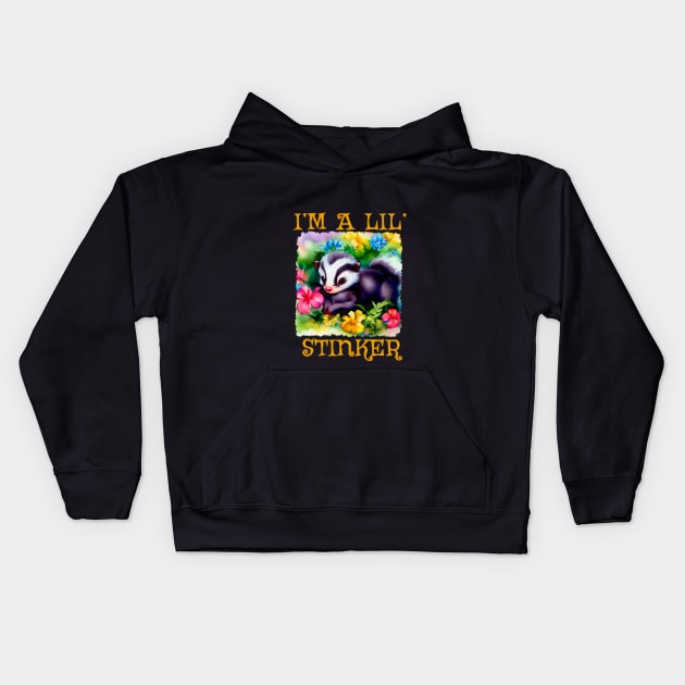 Cartoon I'M A LIL' STINKER Baby Skunk In Flower Bed Kids Hoodie by Roly Poly Roundabout